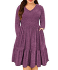 CARCOS Plus Size Dresses for Women Deep Purple Long Sleeve Sweater Dresses 2024 Elegant V Neck Fall Winter Ruffle Swing Dresses with Pocket Knee Long Lightweight T Shirt Dress 4X 24W 26W