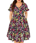 CARCOS Womens Plus Size Wedding Dresses V Neck Floral Curvy Women Short Ruffle Sleeve Dresses 2025 Knee Long Dress with Pocket Elegant Small Red Flower Beach Summer Boho Dresses 5X 26W 28W