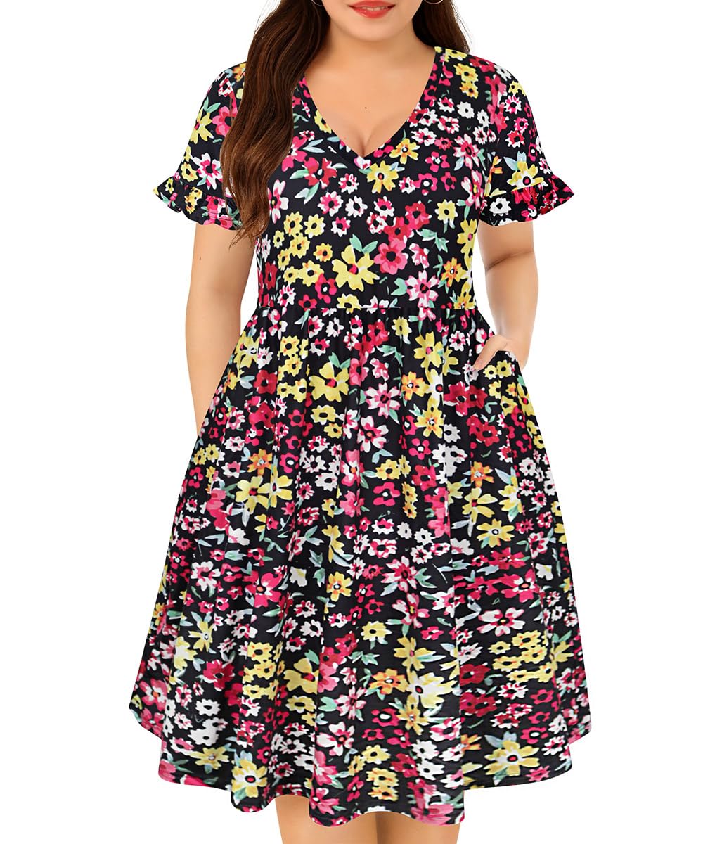 CARCOS Womens Plus Size Wedding Dresses V Neck Floral Curvy Women Short Ruffle Sleeve Dresses 2025 Knee Long Dress with Pocket Elegant Small Red Flower Beach Summer Boho Dresses 5X 26W 28W