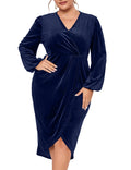KOJOOIN Womens Plus Size Velvet Dress V Neck Long Sleeve Bodycon Ruched Wrap Dress Casual Party Cocktail Dresses Navy Blue 5XL