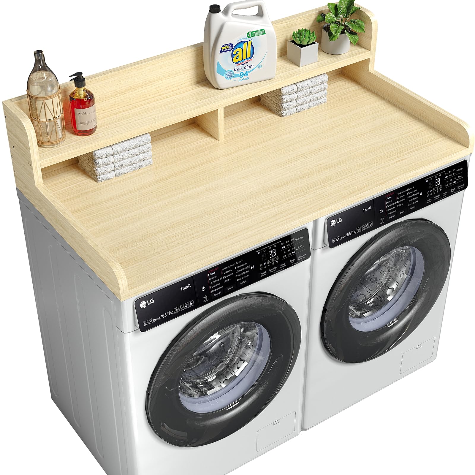 2-Tier Washer Dryer Countertop with Edge Rails & Non-Slip Pads 54" Width x 27.55" Depth Laundry Topper for Washer and Dryer Laundry Countertop for Folding Clothes and Storage (Oak)